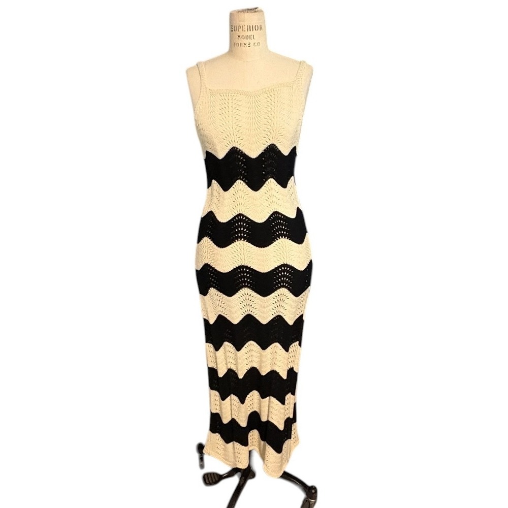 4S13NNA Cream Black Chevron Crochet Midi‎ Dress Knit Boho Bodycon Summer M